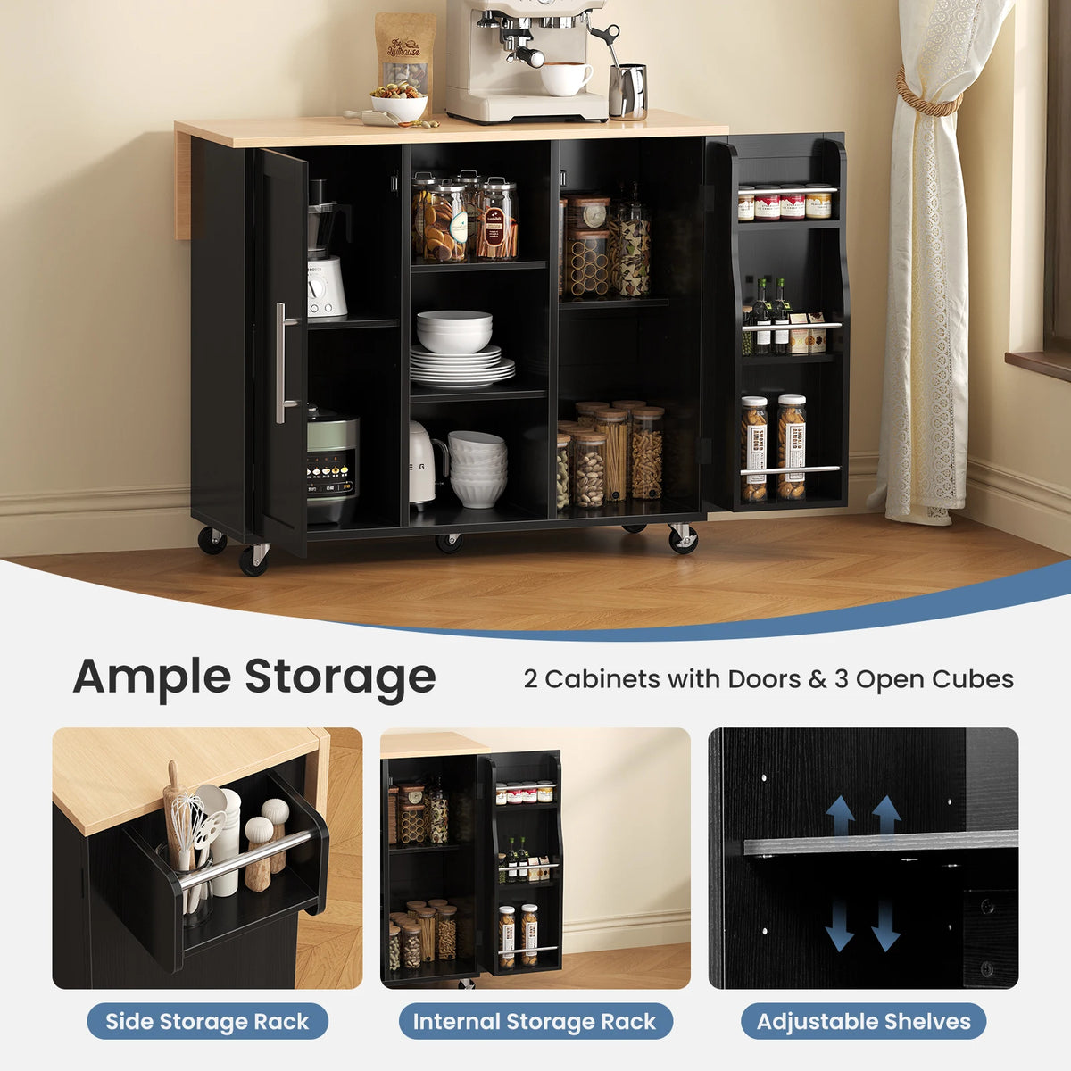 JHK 42 Inch Wood Rolling Kitchen Cart with Adjustable Shelves Mobile Storage Shelving Unit Utility Rolling Organizer For Home  Living Room