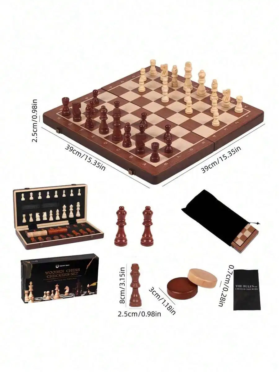 Large Wooden Folding Chess Set Magnetic Piece Storage Drawer Bonus Queens Portable Strategy Game Travel-Friendly Gift For Players