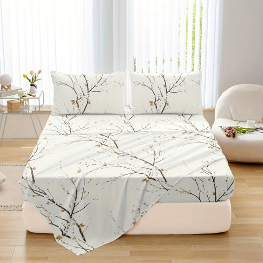 Dolin Plum Blossom Print Bedding Set (1 Fitted Sheet, 1 Flat Sheet, 2 Pillowcases) Ultra-Soft Breathable Fabric, Skin-Friendly, Comfortable, Breathable, Machine Washable, Suitable for All Seasons, Elegant and Exquisite, Ideal