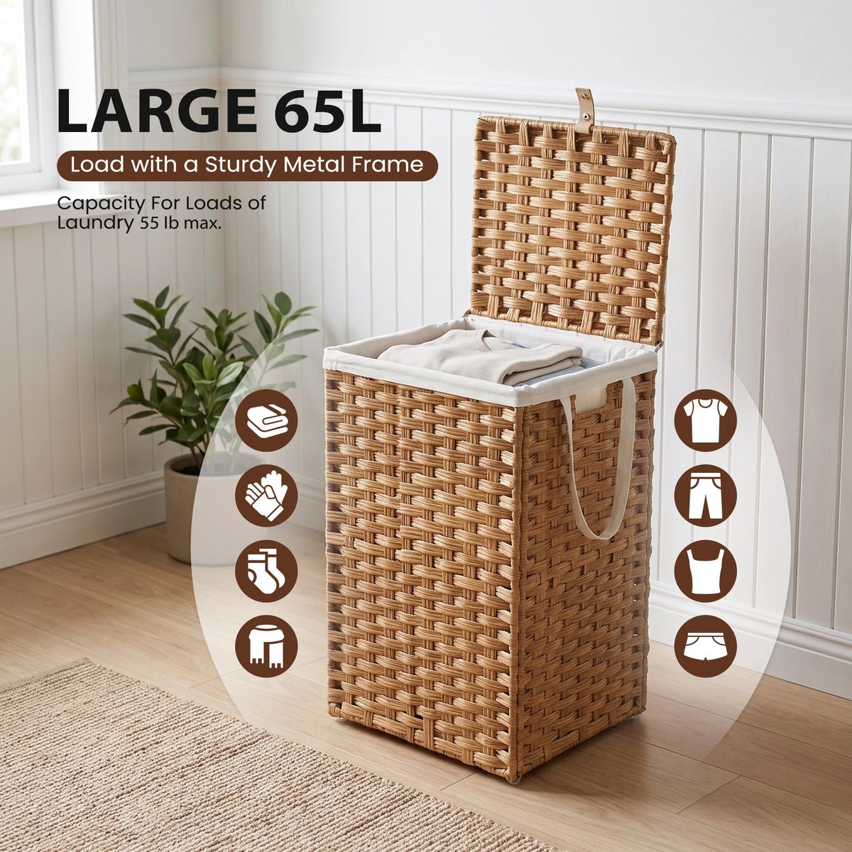 JHK 65L Wicker Laundry Hampers with Lid Woven Clothes Hamper with Side Handles Sturdy Steel Frame Removable Liner Foldable Rattan Laundry Basket For Home