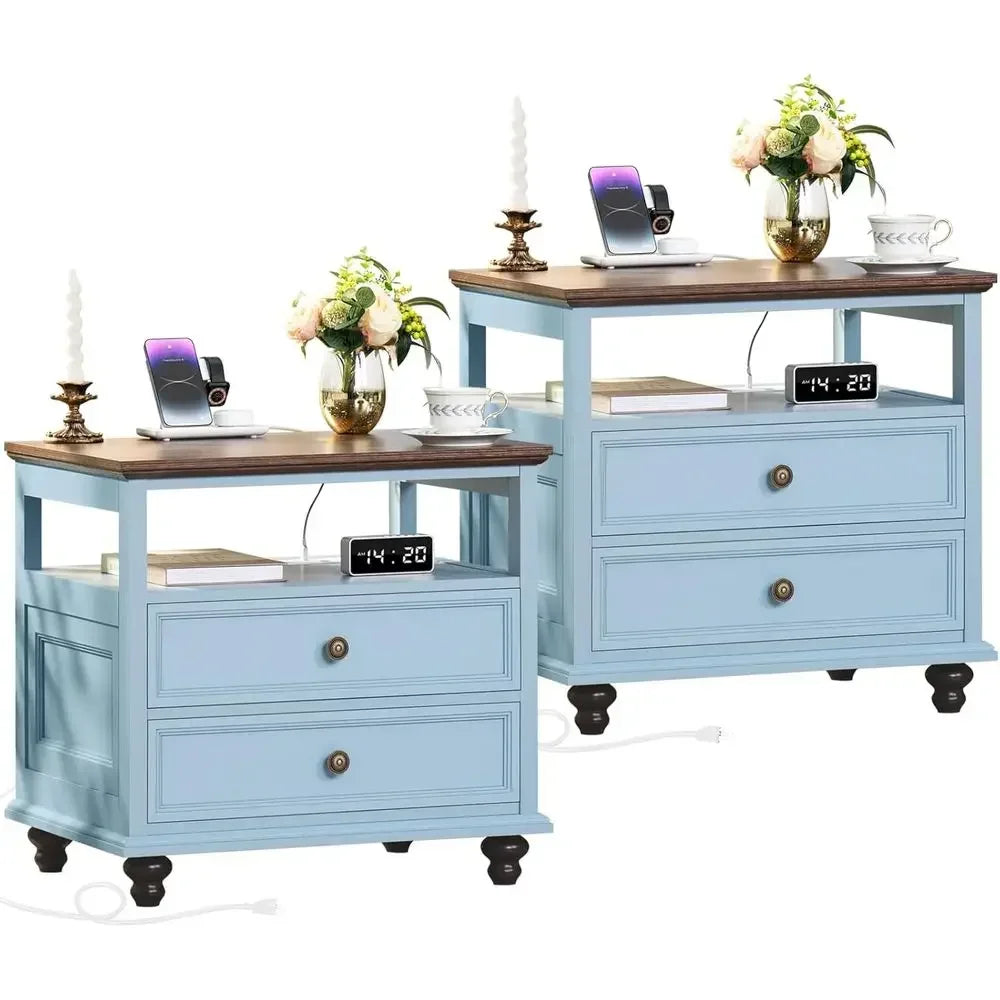 2-Piece Nightstand Set with Charging Station, 24 Wide End Table, Drawers, Suitable for Bedroom or Living Room, Light Blue Accent