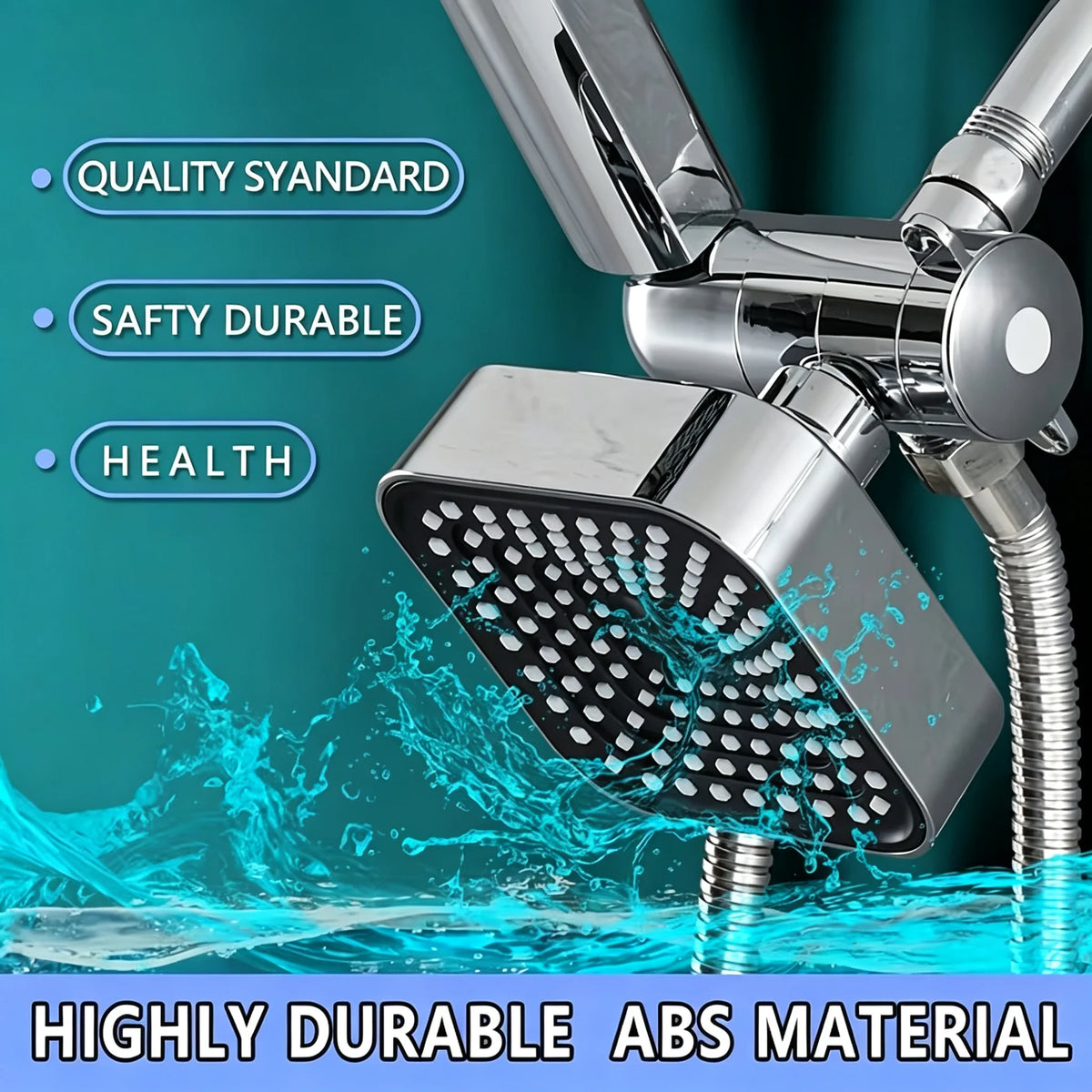 High Pressure Dual Square Shower Head System Wall Mount with Flexible Metal Hose Adjustable Angle Bracket Silicone Nozzles