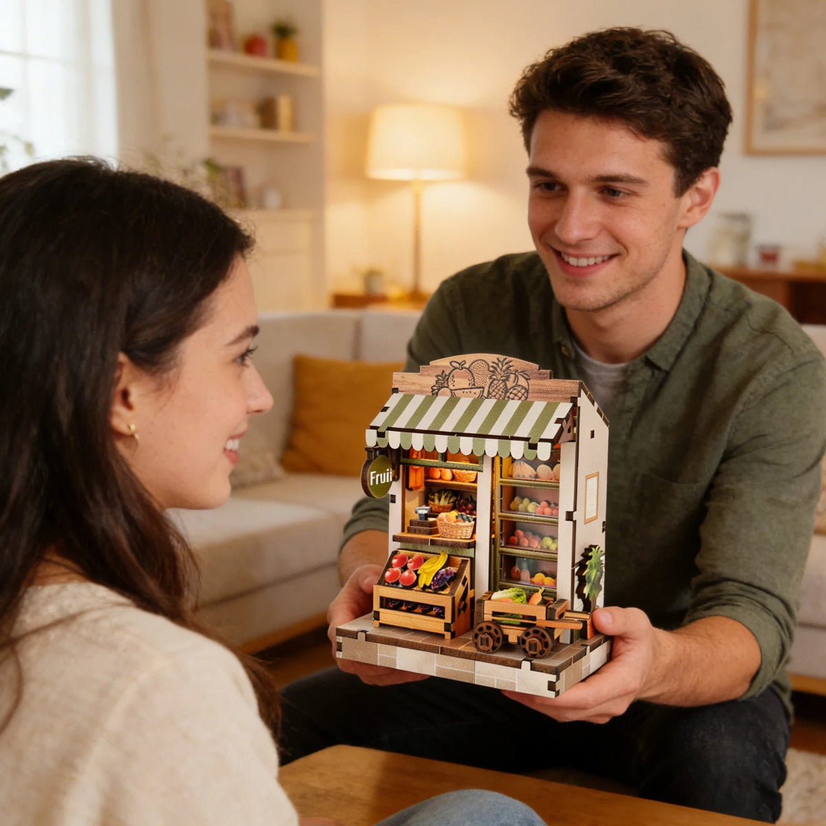 3d wooden puzzle for adults Seasonal Fresh Depot book nook with lights model kit dollhouse DIY miniature house Birthday and Christmas gifts