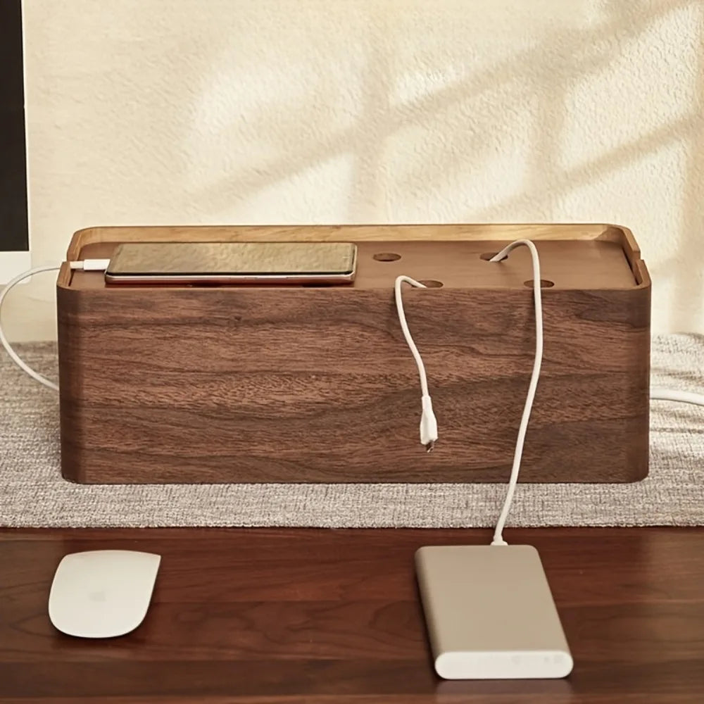 Wooden Cable Management Box with Top Shelf Solid Wood Cord Organizer for Desk Power Strip Hider Home Office Living Room