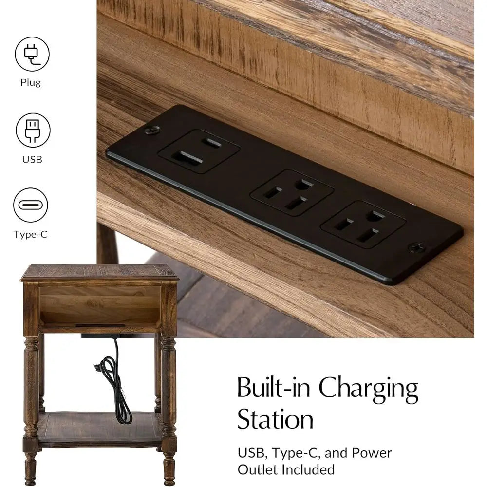 Small End Table with Charging Station, Solid Wood Side Table with a Der & Open Shel, Vintage inish, Spindle Legs(Walnut, Set o 2