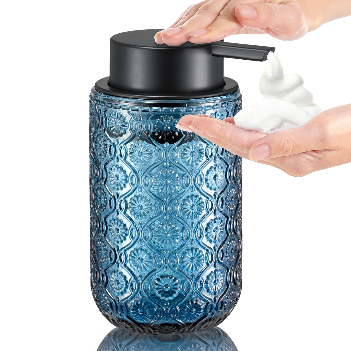 Vintage-Style Embossed Glass Foaming Soap Dispenser — Matte Black Pump Head — Suitable for Bathroom & Kitchen Hand Soap