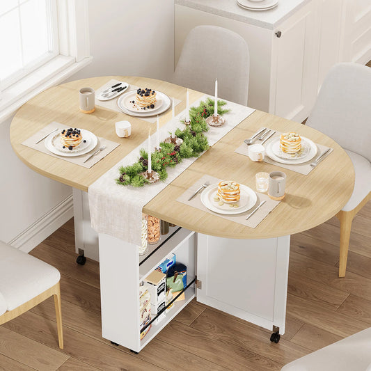 3-in-1 Folding Dining Table With Wine Rack, Drawer & Cup Holders, Drop Leaf Oval Kitchen Table On Lockable Casters For Small Spaces