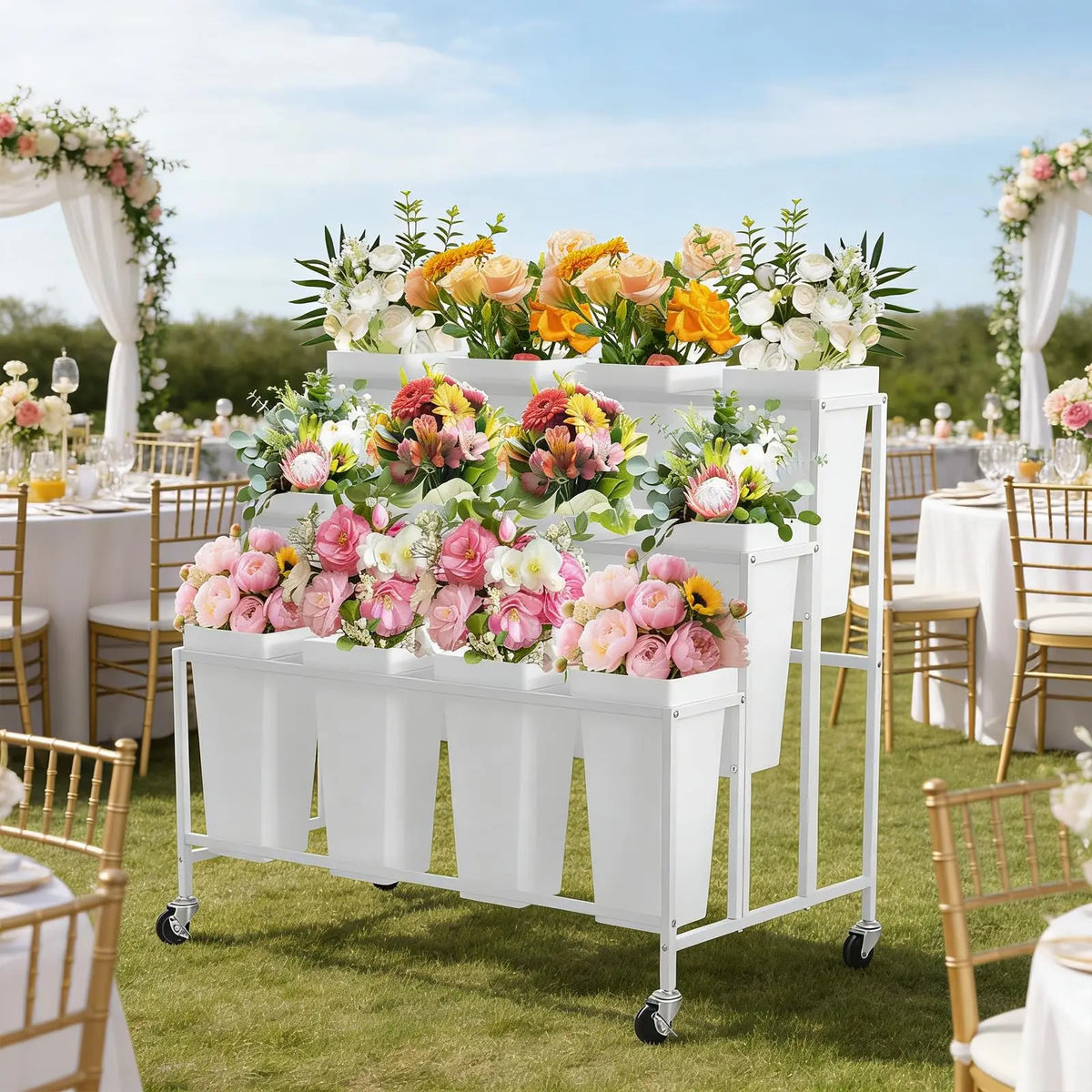 3 Tier Rolling Flower Display Stand With 12 Removable Buckets, Metal Plant Cart With Locking Wheels For Garden Wedding Flower Shop