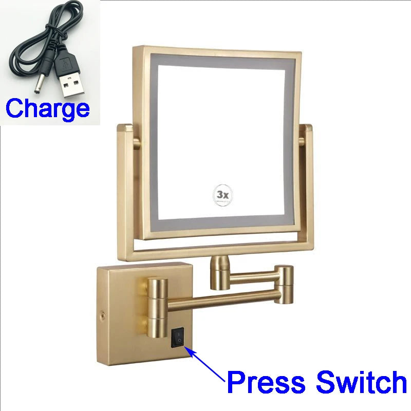 LED Bathroom Mirror 3X Magnifying Dual Arm Extendable Folding Wall Mounted Double Sided Makeup Mirror for Black Bathroom Mirrors
