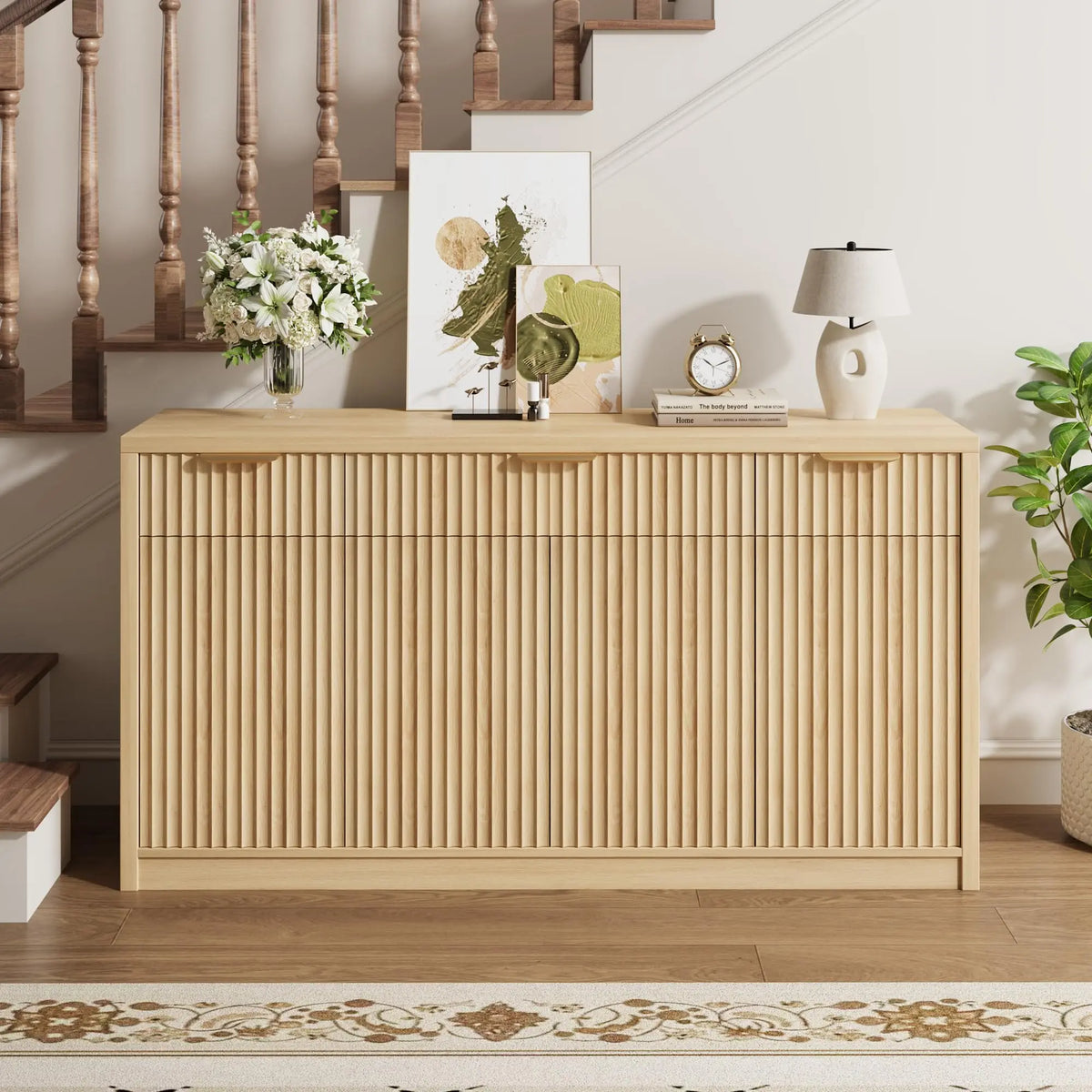 55 Inch Fluted Buffet Sideboard Cabinet With 3 Drawers, 4 Doors & Adjustable Shelves, Kitchen Coffee Bar Dining Room Storage
