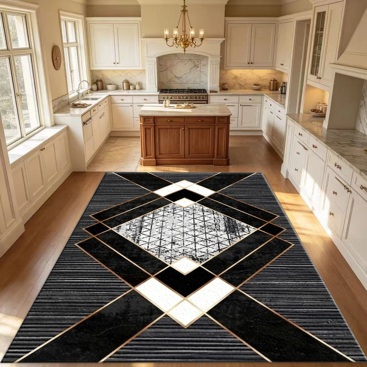 Modern Luxury Black Gold Geometric Area Rug Abstract Rectangular Floor Carpet for Living Room Bedroom Home Decor