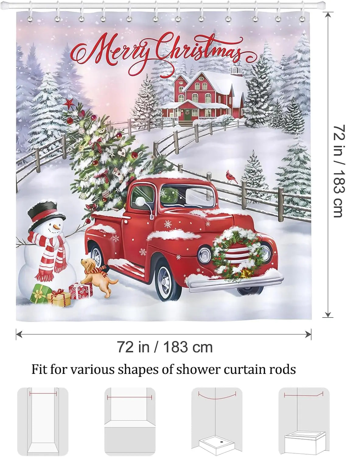 New in 2026 Bonhause Merry Christmas Shower Curtain, Red Truck Xmas Tree Snowman Winter Holiday Bathroom Decor 72 x 72 Inch Polyester Fabric Waterproof Bath Curtain with 12 Hooks