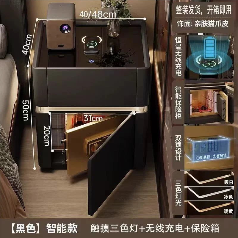 Modern Decor Bedside Table With Charging Station Tricolor Lamp Nightstands Fingerprint Lock Guard Against Theft Room Furniture