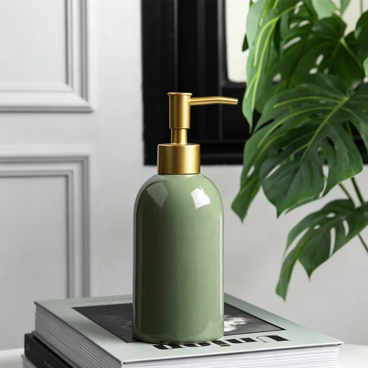 Modern Green Ceramic Soap Dispenser with Golden Pump Refillable Lotion Bottle for Bathroom Kitchen Decor