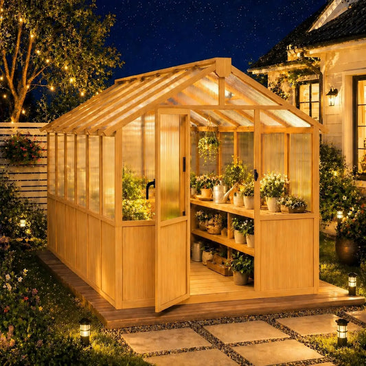 6x12 FT Wooden Greenhouse Outdoor, Heavy Duty Green House with Polycarbonate Panels, Adjustable Roof Vent, Walk-in,Custom