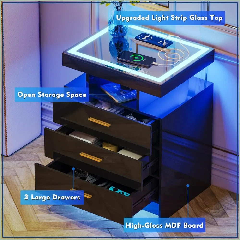 2 Set LED Nightstands with Wireless Charger Station and Auto Sensor, Black