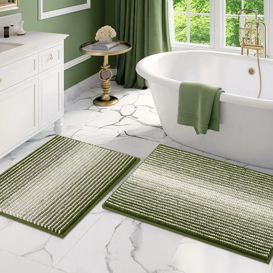 2 Piece Thick Absorbent Chenille Bath Mat Set, Soft Shaggy Bathroom Rugs, Machine Washable Non Slip Floor Mats for Bathroom