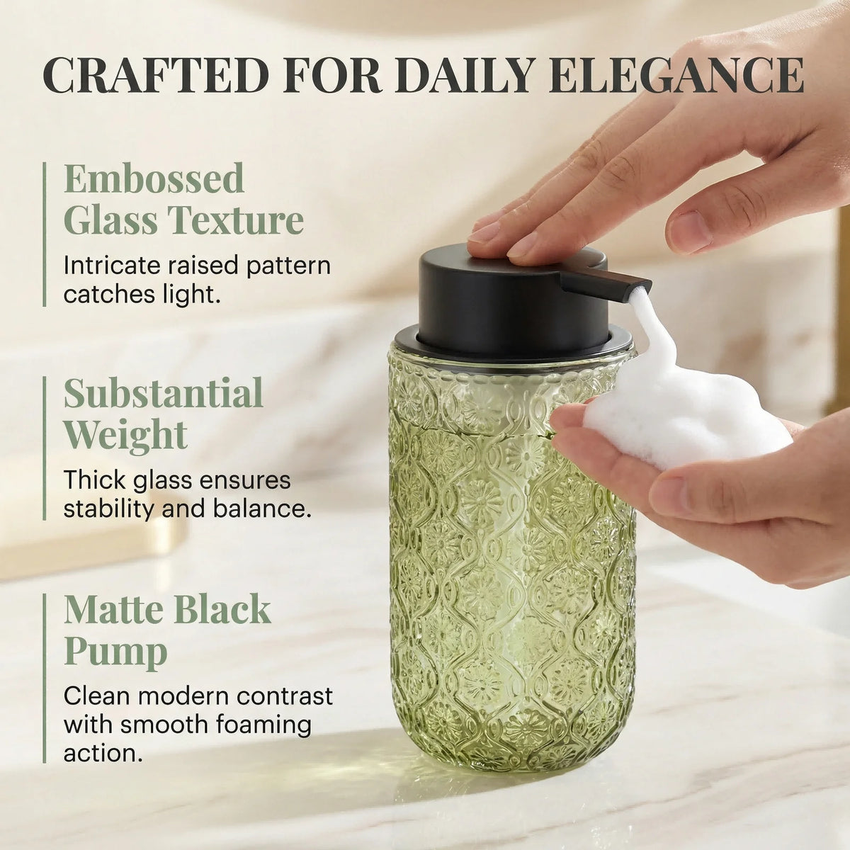 Vintage-Style Embossed Glass Foaming Soap Dispenser — Matte Black Pump Head — Suitable for Bathroom & Kitchen Hand Soap