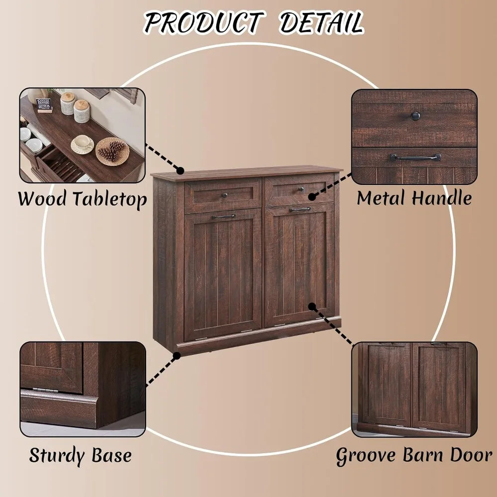 Double Tilt Out Laundry Hamper Cabinet 20 Gal Farmhouse Trash Can with Drawer Wood Garbage Bin for Bathroom Kitchen Brown