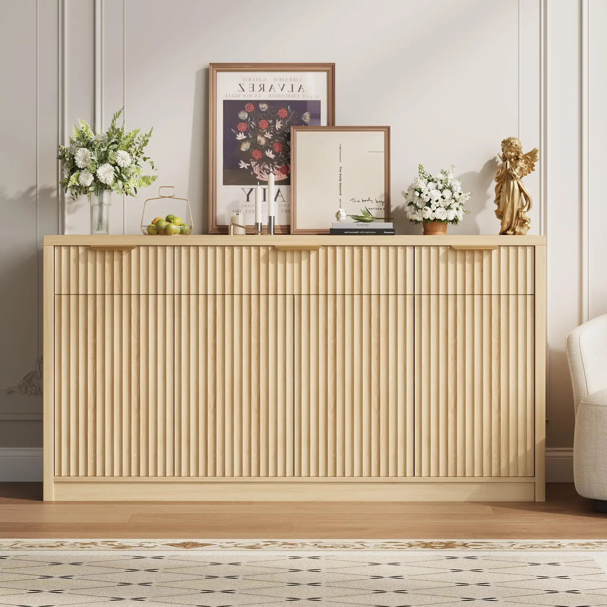 55 Inch Fluted Buffet Sideboard Cabinet With 3 Drawers, 4 Doors & Adjustable Shelves, Kitchen Coffee Bar Dining Room Storage