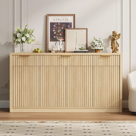 55 Inch Fluted Buffet Sideboard Cabinet With 3 Drawers, 4 Doors & Adjustable Shelves, Kitchen Coffee Bar Dining Room Storage