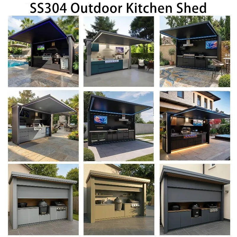 CE Certified Stainless Steel Antibacterial BBQ Grill Pod Metallic Texture Outdoor Bbq Kitchen Pod Roller Shutters for Villa