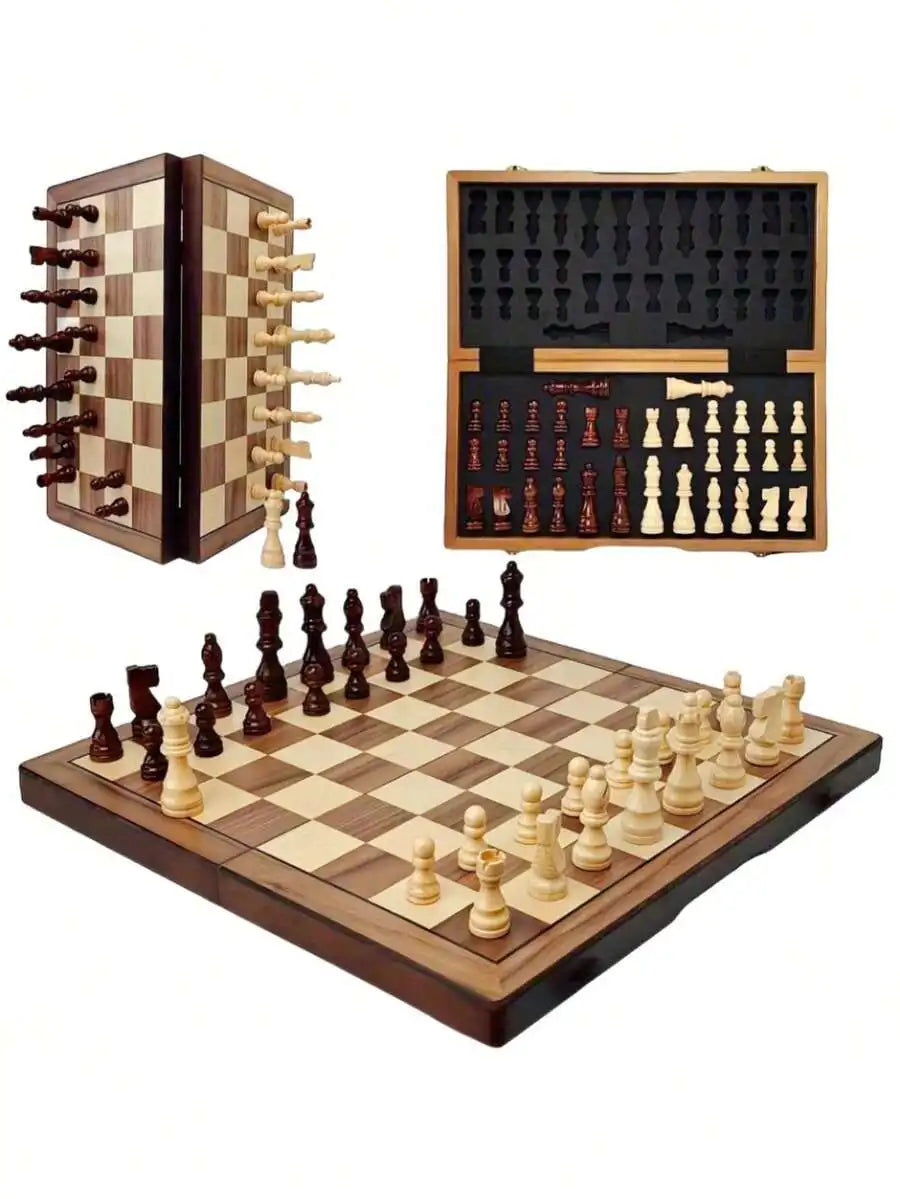 Large Wooden Folding Chess Set Magnetic Piece Storage Drawer Bonus Queens Portable Strategy Game Travel-Friendly Gift For Players