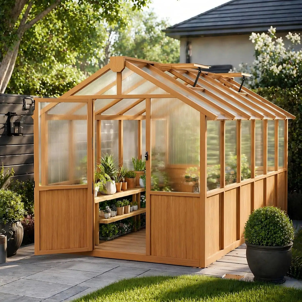 6x12 FT Wooden Greenhouse Outdoor, Heavy Duty Green House with Polycarbonate Panels, Adjustable Roof Vent, Walk-in,Custom