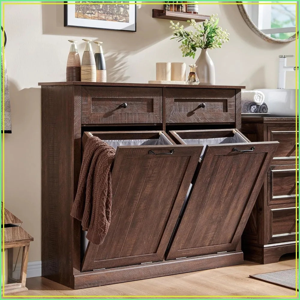 Double Tilt Out Laundry Hamper Cabinet 20 Gal Farmhouse Trash Can with Drawer Wood Garbage Bin for Bathroom Kitchen Brown