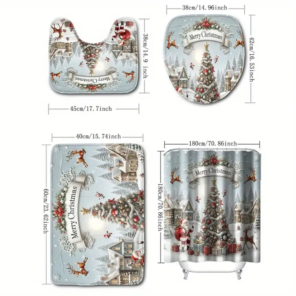 Christmas Shower Curtain Polyester Fabric Santa Claus Decorative Bath Curtain Machine Washable Christmas Holiday Bathroom Decor