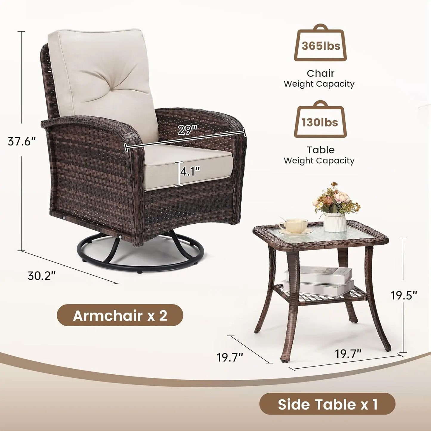 Luxury Outdoor Swivel Wicker Glider Patio Chairs with Table Set, Overstuffed Washable Cushions, Ideal for Porch,, Customized
