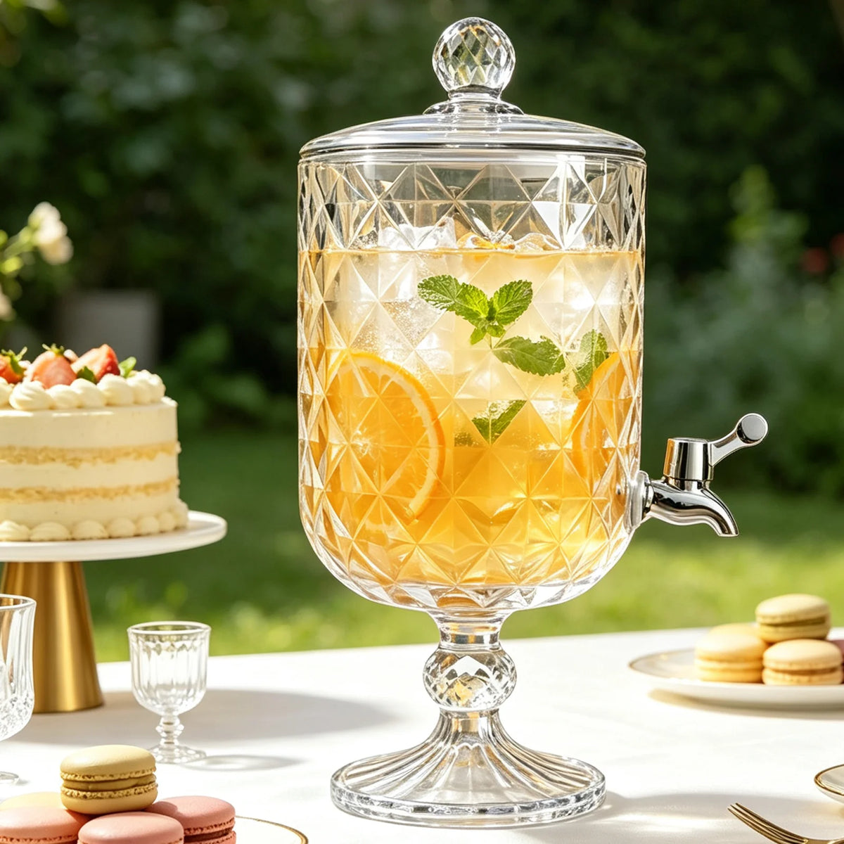 0.8 Gallon/ 3 Liter Glass Beverage Dispenser with Stainless Steel Spigot On Glass Pedestal, 101oz Decorative Mason Drink Dispenser for BBQ, Picnic, Pool Party, And Social Events