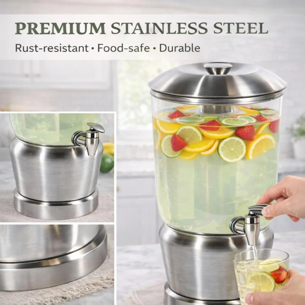 Stainless Steel Drink Dispenser with Ice Chambers, 3 Gallon Beverage Jar with Spigot for Party, Wedding, Event, Silver