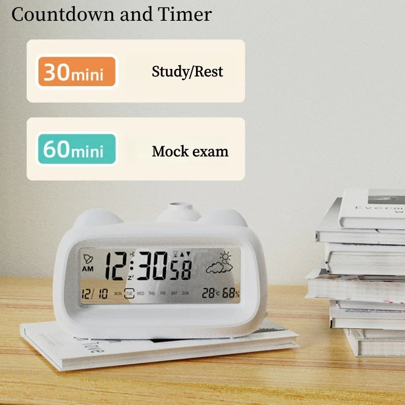 Battery Powered Digital Alarm Clock Temperature Humidity Date Week Timing Countdown Cute Silent Backlight Snooze LCD Clock