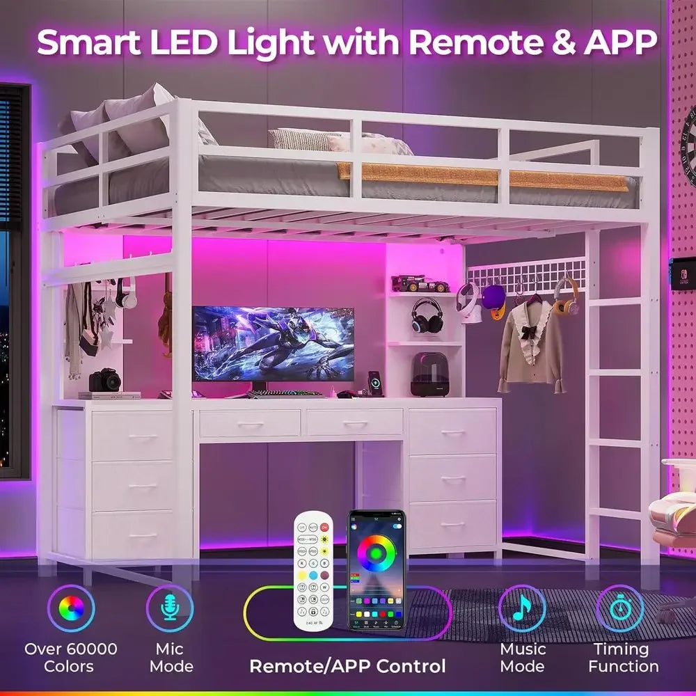 Full Size Loft Bed with Desk and 8 Drawers, Metal Frame, LED Lights & Charging Station, Heavy Duty, Space-Saving, Noise-Free, Wh