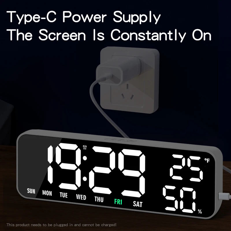 Timess Large Display Digital Alarm Clock with Dual Alarm, Snooze, Temperature Humidity, Week Display, 3 Brightness Levels, Usb-C Powered
