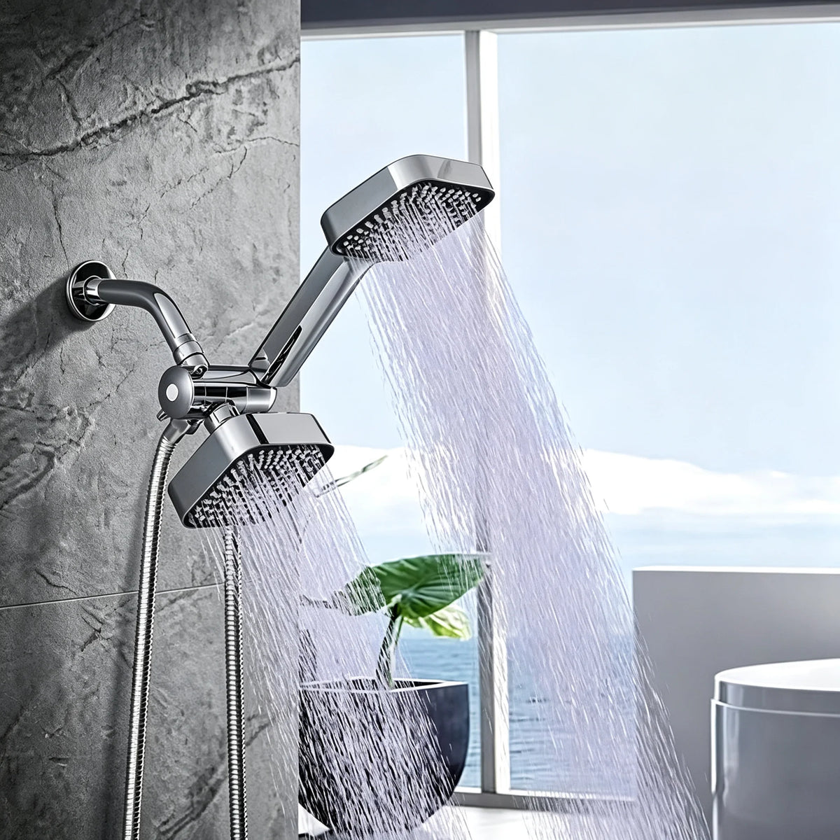 High Pressure Dual Square Shower Head System Wall Mount with Flexible Metal Hose Adjustable Angle Bracket Silicone Nozzles