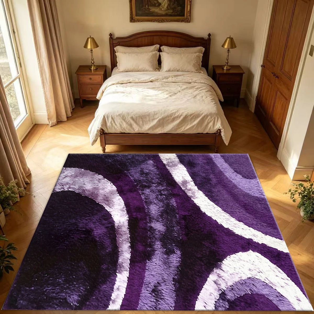 Luxury Plush Abstract Curve Area Rug Purple White Soft Fluffy Carpet for Bedroom Living Room Indoor Home Floor Decor