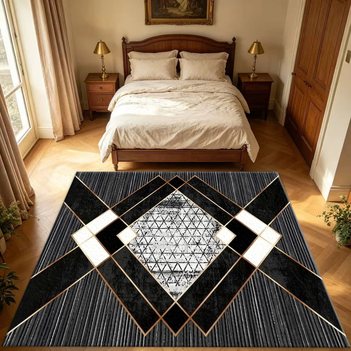 Modern Luxury Black Gold Geometric Area Rug Abstract Rectangular Floor Carpet for Living Room Bedroom Home Decor
