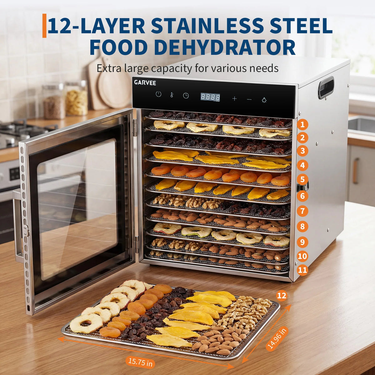 Stainless Steel Digital Food Dehydrator Machine with 10/12 Tray,Adjustable Temperature&24H Timer,Jerky Maker for Fruit Vegetable