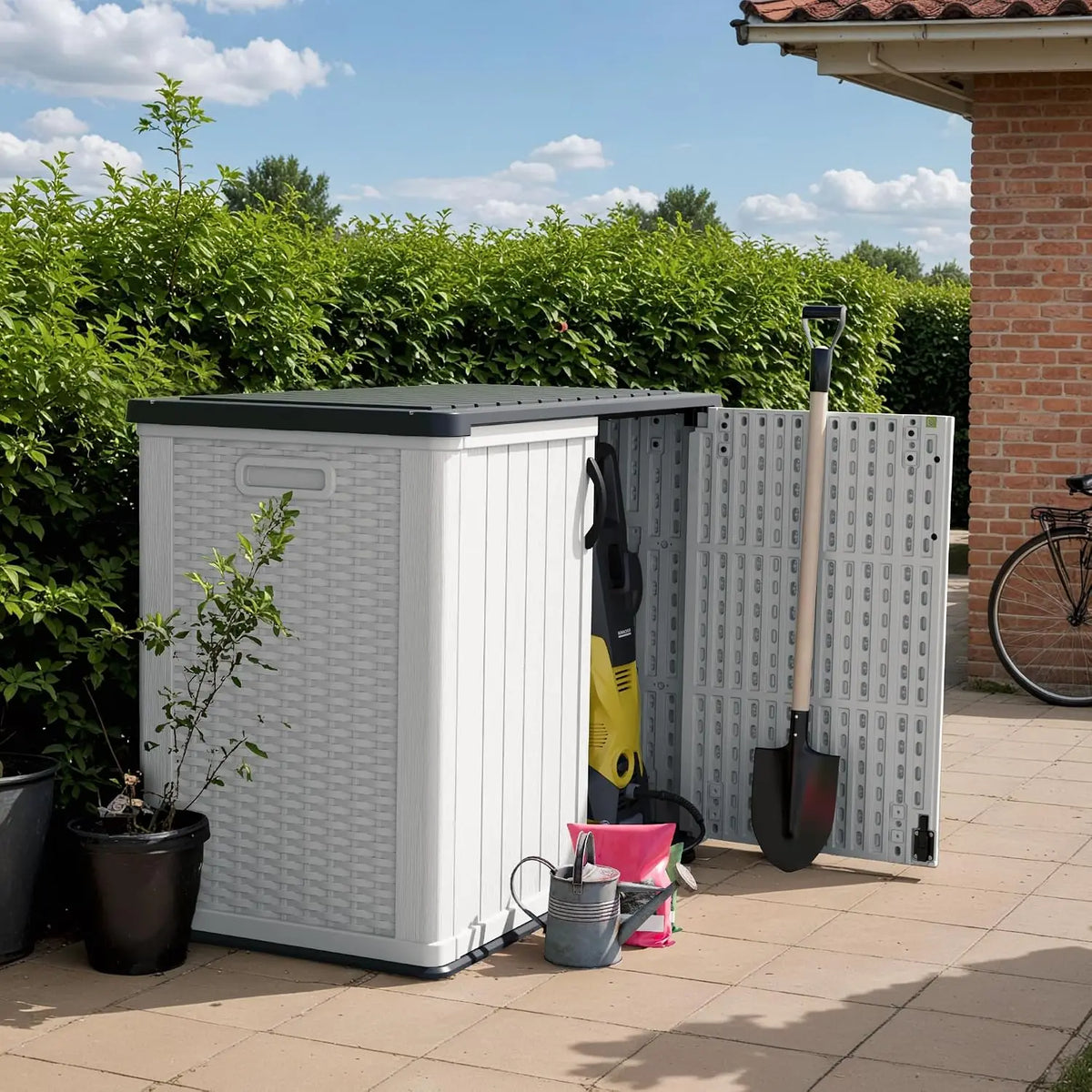 Outdoor Storage Cabinet 26 Cu Ft with Lockable Doors, Horizontal Storage Shed Waterproof Patio Tools Storage Box for Sofa