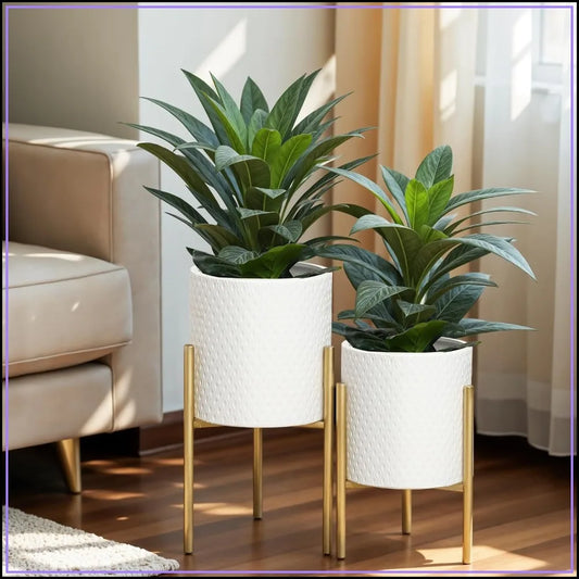 2Pcs White Planter w/ Gold Stand, Indoor Flower Pot, Floor Plant Pot