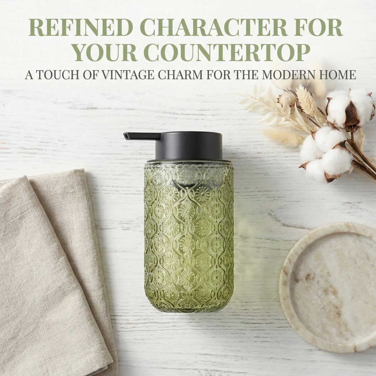 Vintage-Style Embossed Glass Foaming Soap Dispenser — Matte Black Pump Head — Suitable for Bathroom & Kitchen Hand Soap