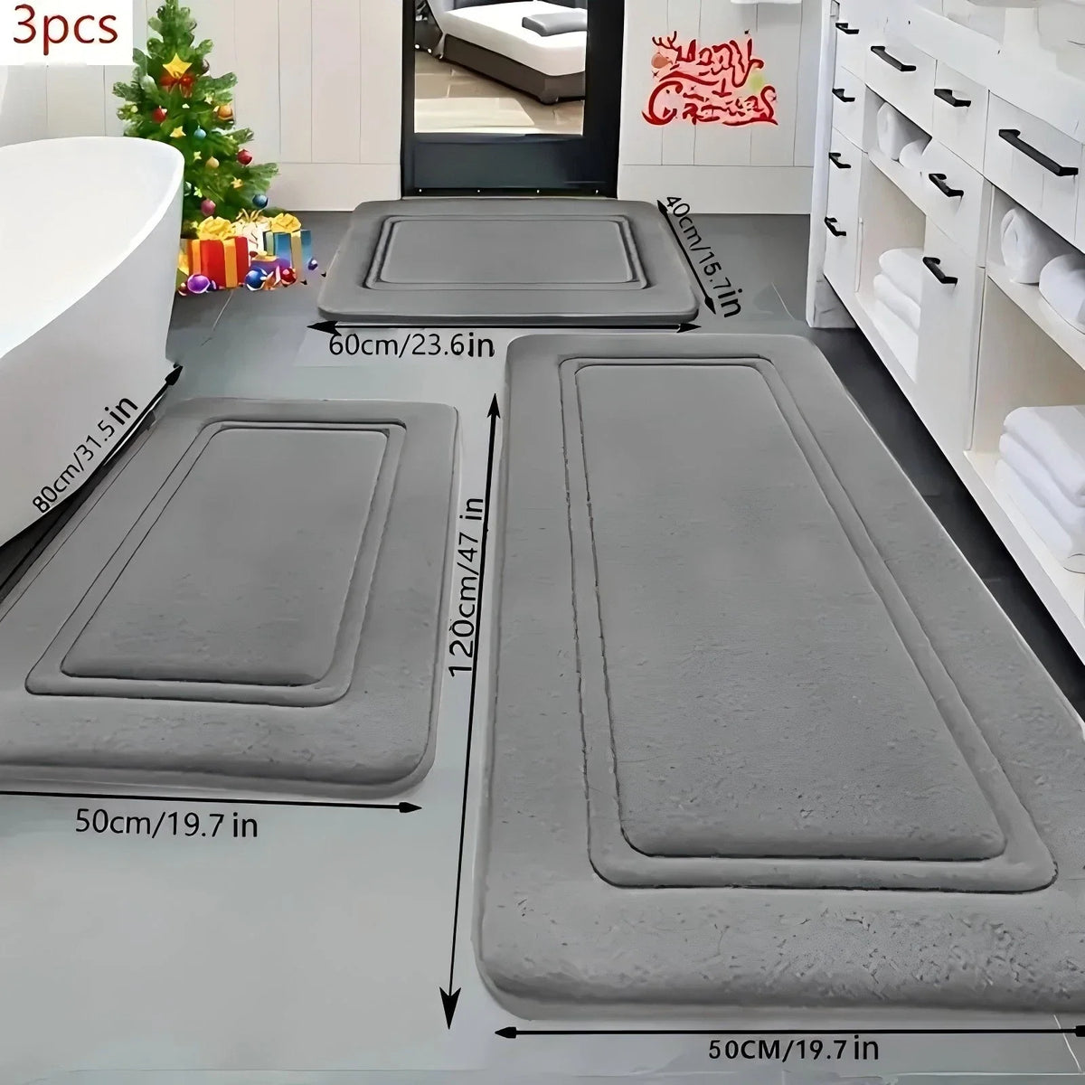 3PCS Absorbent Bath Mats Set Non-Slip Memory Foam Bathroom Rug Soft Quick Dry Carpet Standing Pad Machine Wash For Bathroom
