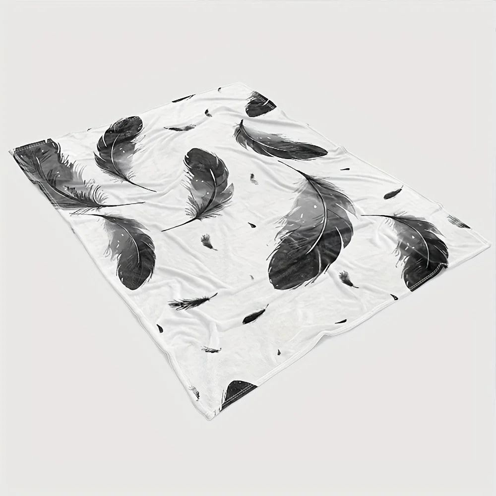 Luxury Soft Throw Blanket Black Feather Print Plush Fleece Lap Blanket Cozy Decorative Home Decor Sofa Gift for Winter Autumn