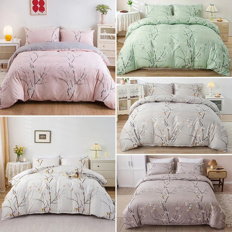 Dolin Plum Blossom Print Three-Piece Quilt Cover Set, Skin-Friendly and Breathable Bedding, Suitable for All Seasons