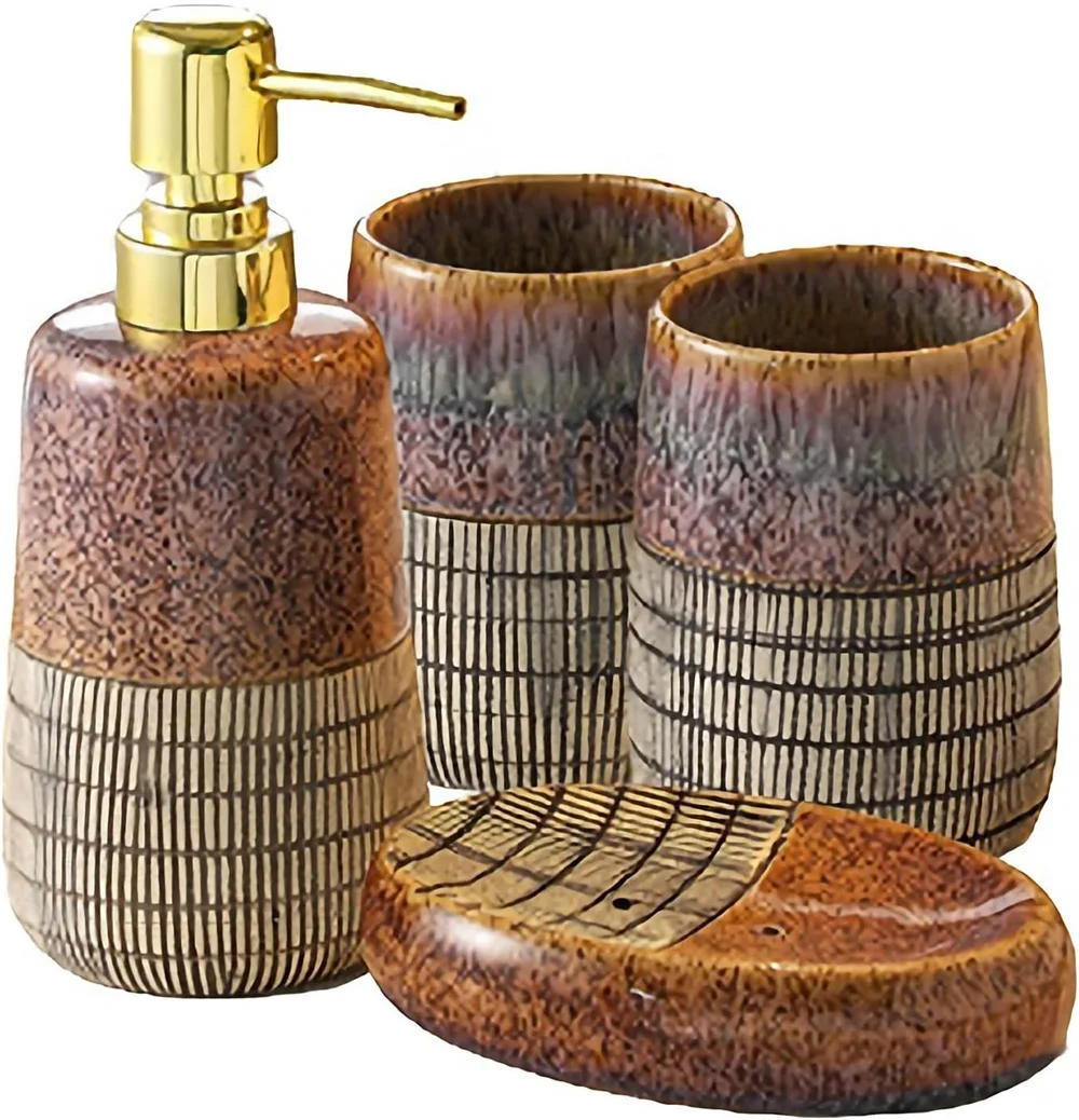 4 PCS Brown Bathroom Unique Decor Set Accessories Includes Countertop Soap Dispenser Bar Soap Dish Tumbler and Toothbrush Holder