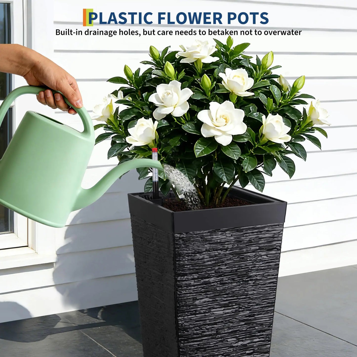 22.5'' Tall Planters Set Of 2, Self Watering Outdoor Indoor Front Porch Planter Pots With Drainage Holes & Water Monitor System