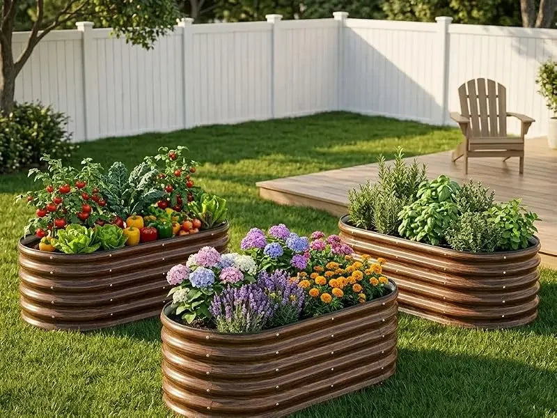 SnugNiture 3 Pcs 4x2x1.5ft Raised Garden Bed Outdoor, 17" Tall Galvanized Metal Planter Box, Oval Raised Garden Bed Kit for Planting Vegetables Plants Fruits, Brown