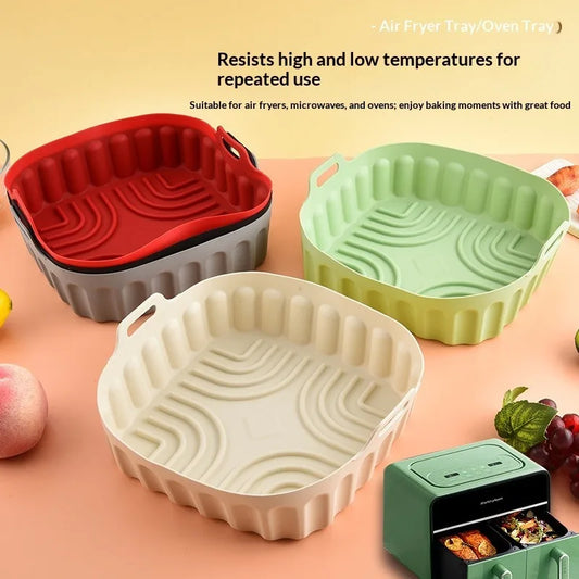 Square Air Fryer Silicone Tray Food-Grade BPA-Free Silicone Raised Ribbed Drain Base Dual Carry Handles for Oven Microwave Baking Home Cooking Lovers Beginners